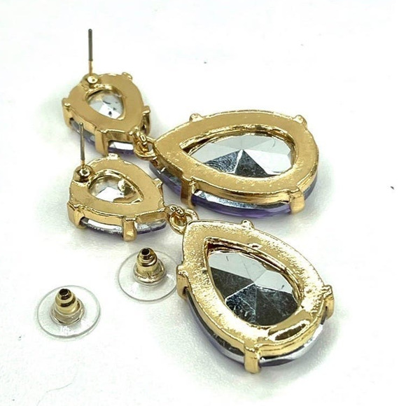 NEW Earrings 2" Chunky Purple Amethyst Rhinestone teardrop pierced m10 - Picture 4 of 4